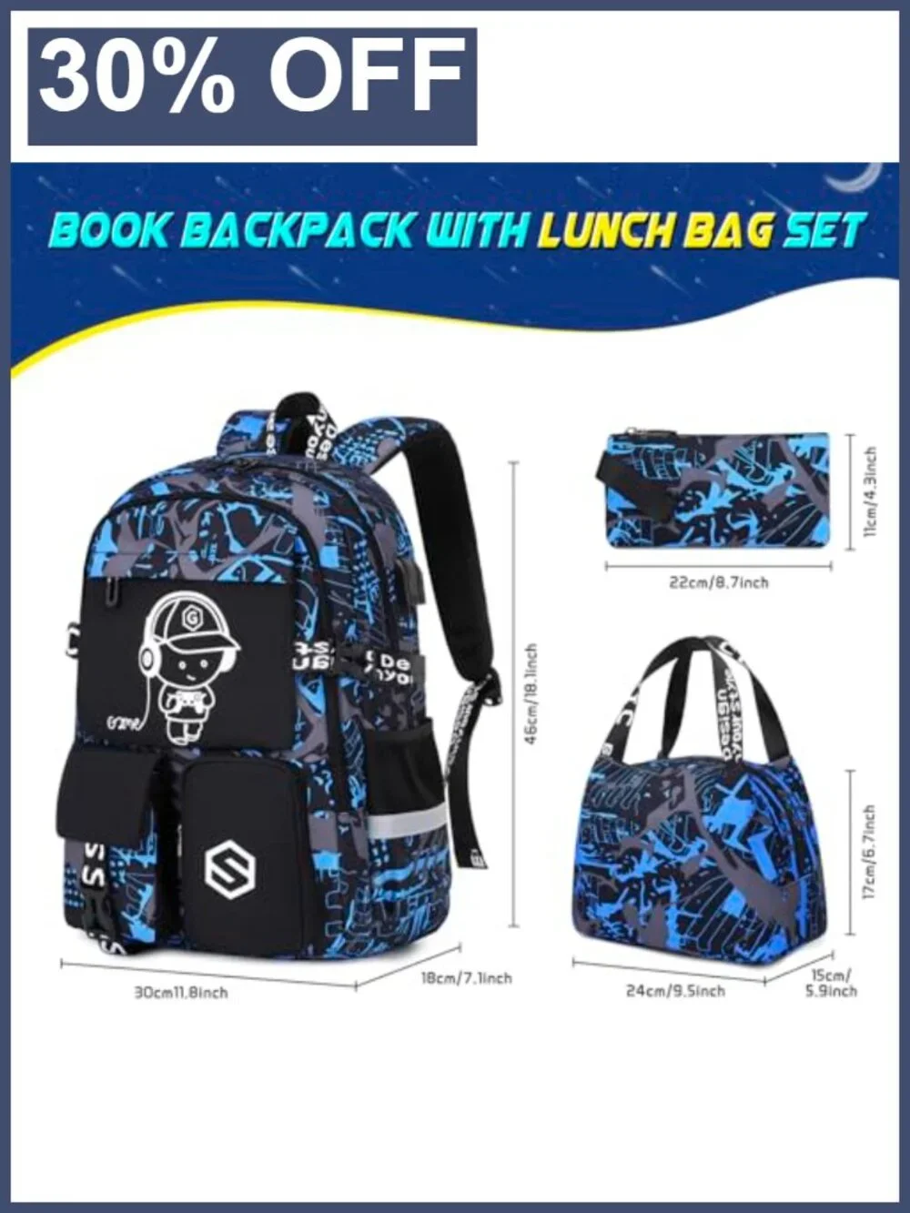 Kids Luminous School Backpack with Lunch Bag, Pencil Case, USB Port, Waterproof